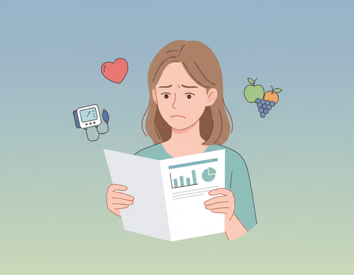 고혈압 진단 후 건강검진표를 보는 여성의 모습