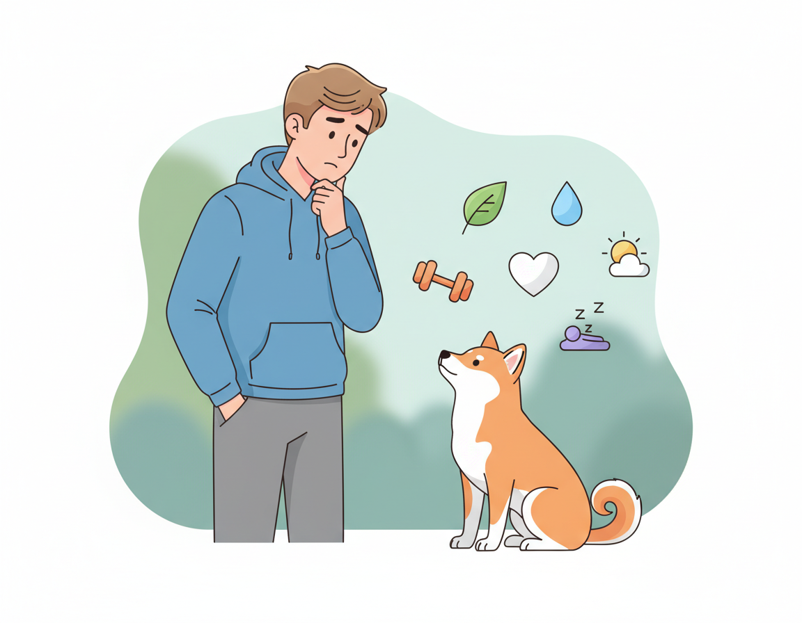 강아지 영양제 고르며 고민하는 반려인과 시바견