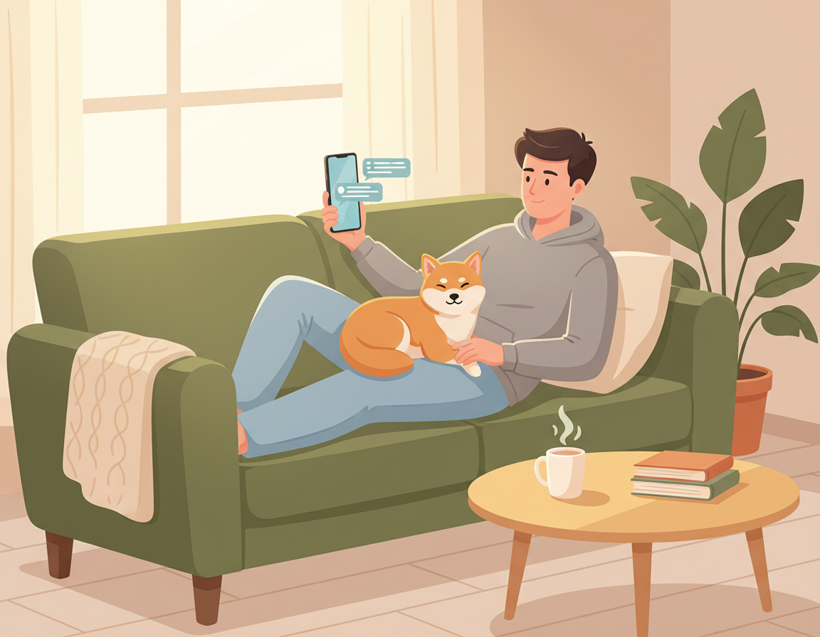 반려견과 함께 소파에 앉아 소통하는 반려인