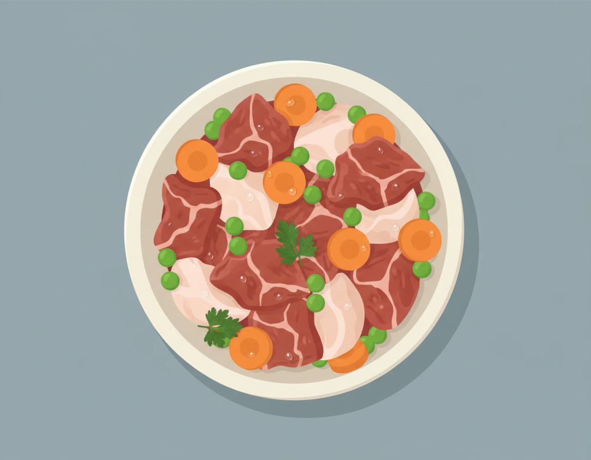 신선한 고기와 채소가 담긴 강아지 수제 사료 일러스트