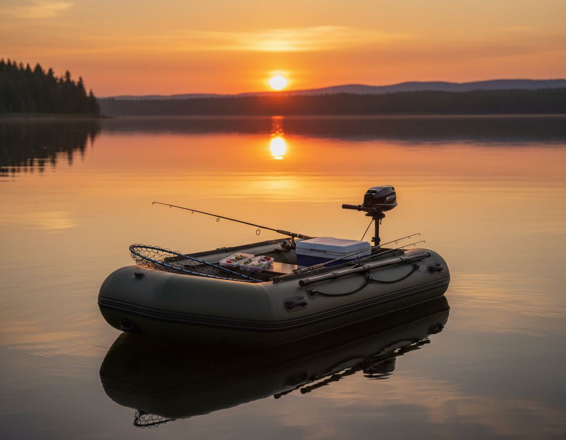 잔잔한 호수 위에 떠 있는 낭만적인 보팅낚시 풍경
