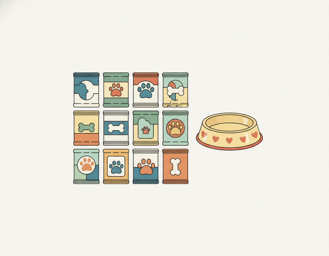 다양한 강아지 사료 샘플 패키지와 밥그릇 일러스트