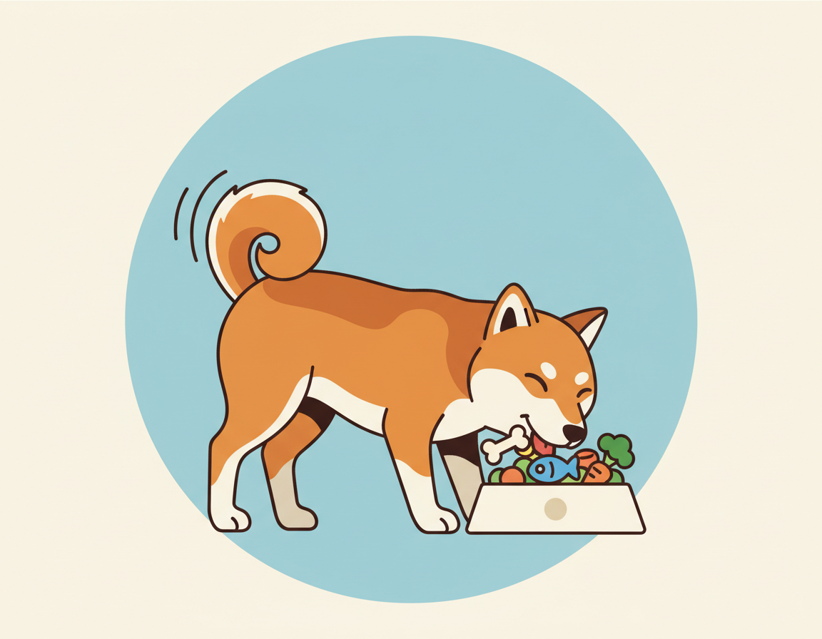 다양한 식단을 맛있게 먹고 있는 시바견 일러스트