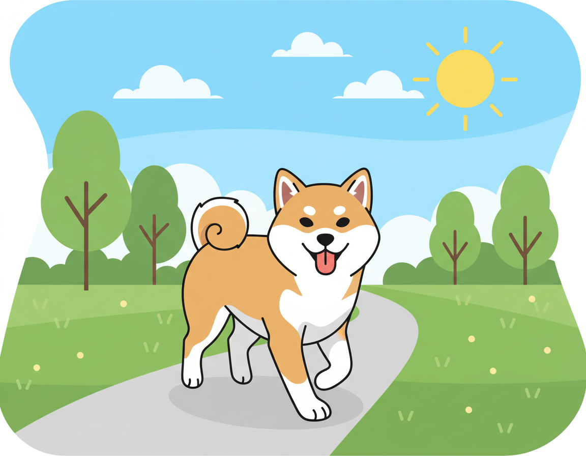 공원에서 즐겁게 산책하는 윤기 나는 시바견 일러스트