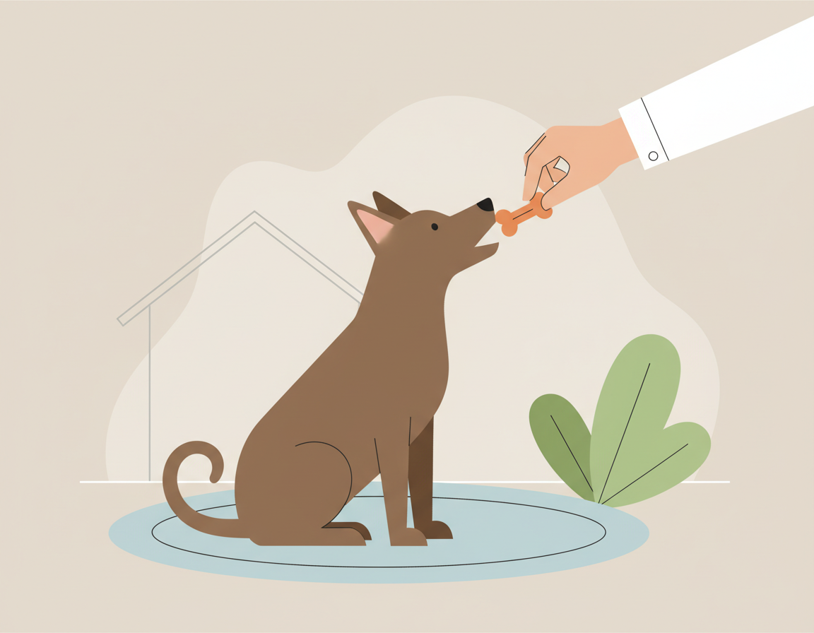 강아지에게 강아지 훈련 후 간식으로 즉각적인 보상을 주는 모습