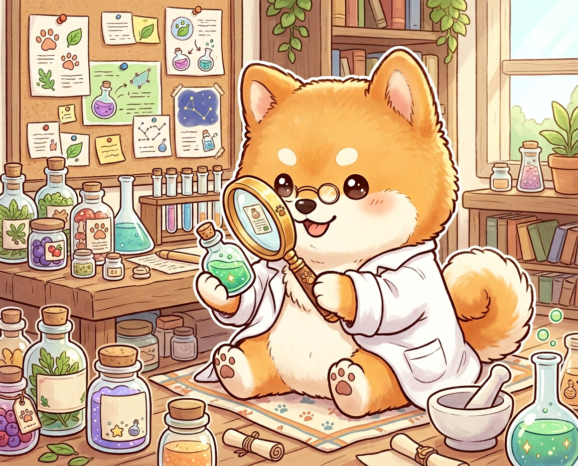 돋보기를 들고 영양제 성분표를 꼼꼼히 살펴보는 시바견