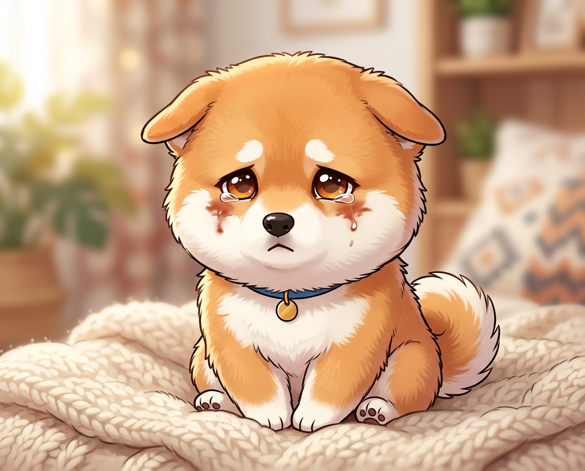 눈물 영양제 복용 전 눈물 자국이 생긴 슬픈 표정의 시바견 베니