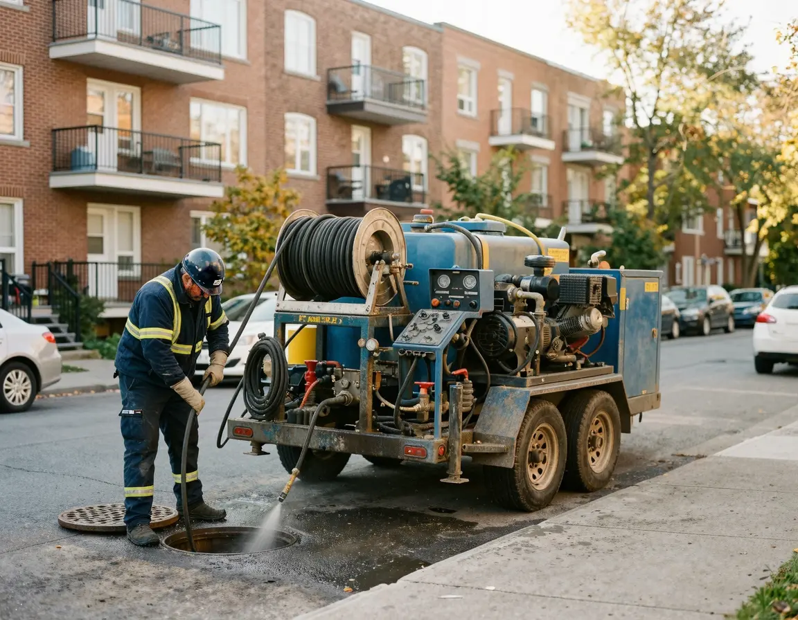 야외에 세팅된 강력한 하수구 고압세척 장비
