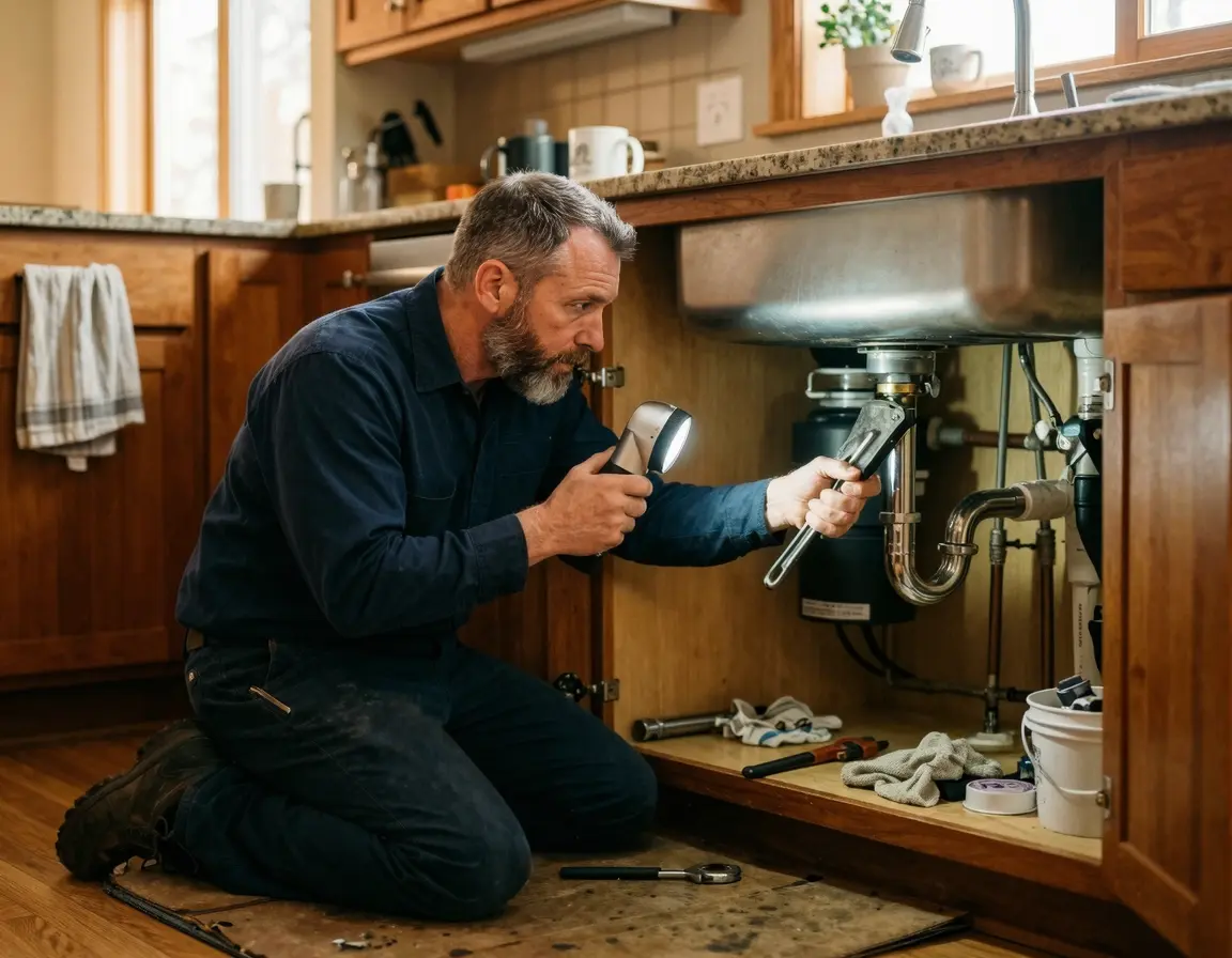 하수구 배관을 점검하는 40대 배관 전문가
