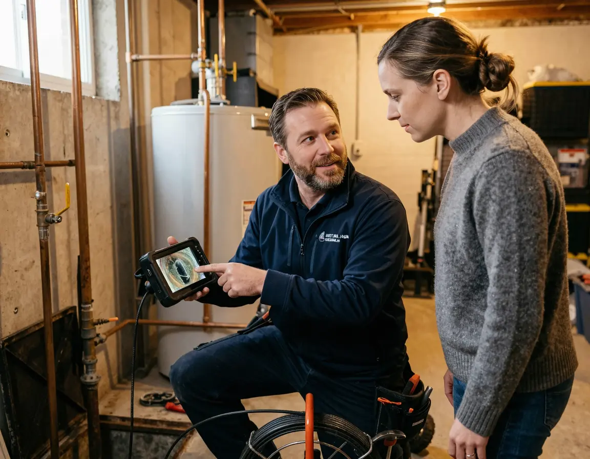 고객에게 배관 내시경 화면을 보여주며 설명하는 전문가