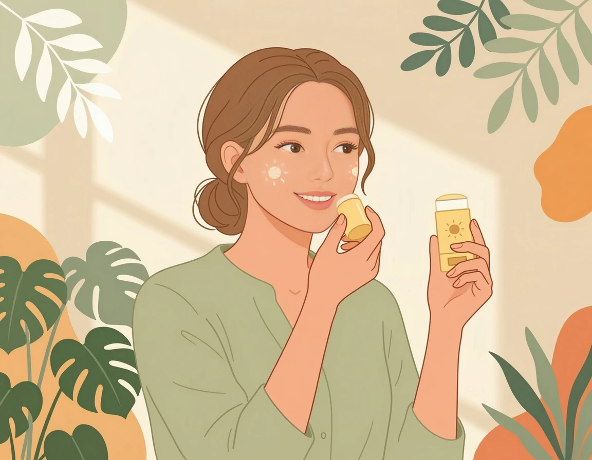 화장 안 밀리는 선스틱을 얼굴에 덧바르는 모습