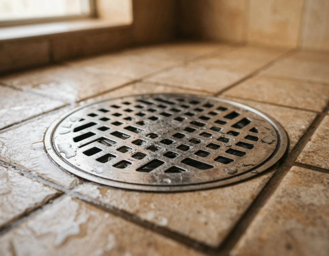 물이 약간 고여 있는 화장실 바닥 배수구