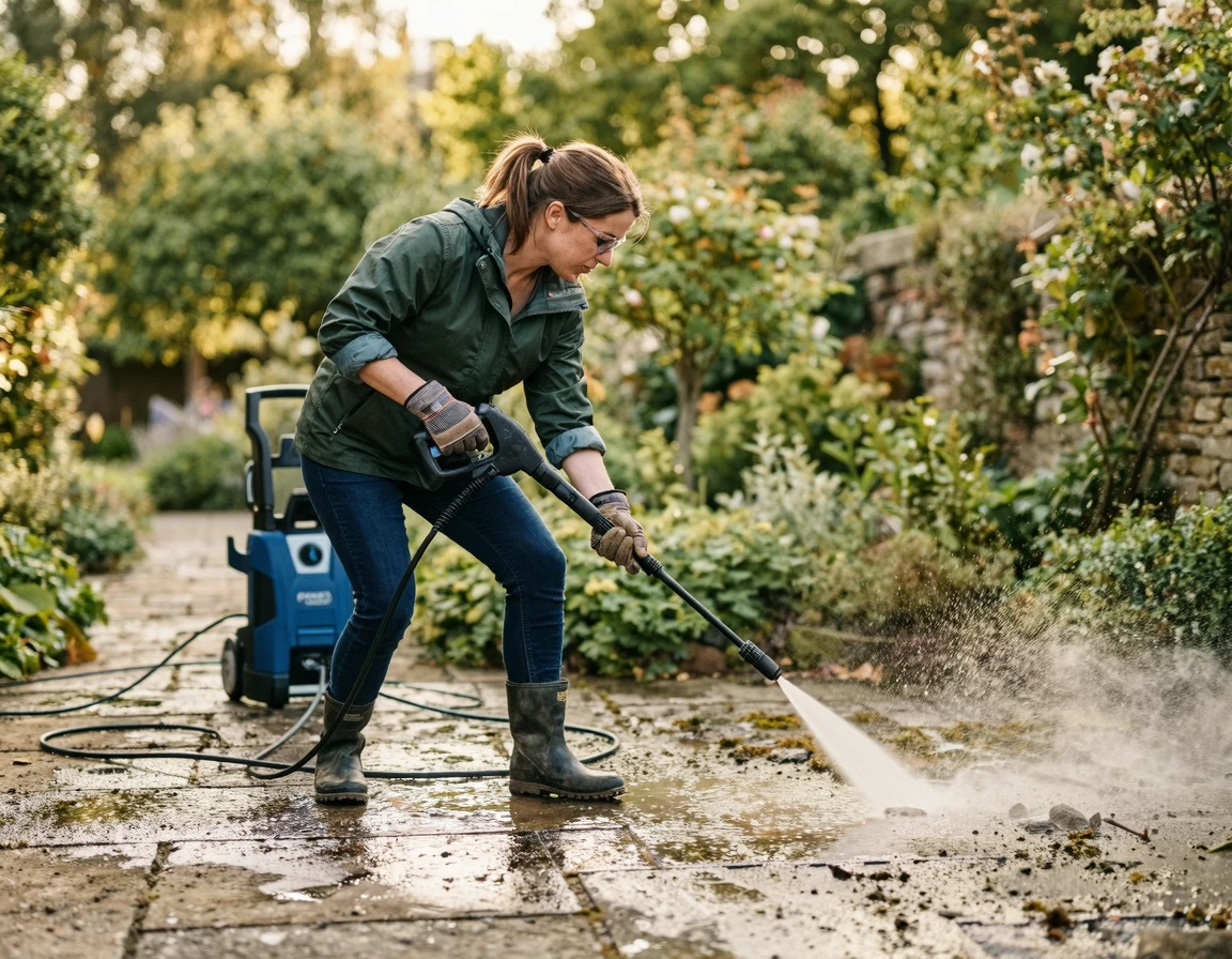 고압 호스를 이용해 마당 우수관 내부를 물청소하는 모습