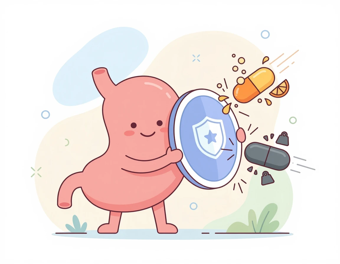 위장을 보호하며 비타민과 철분을 섭취하는 일러스트