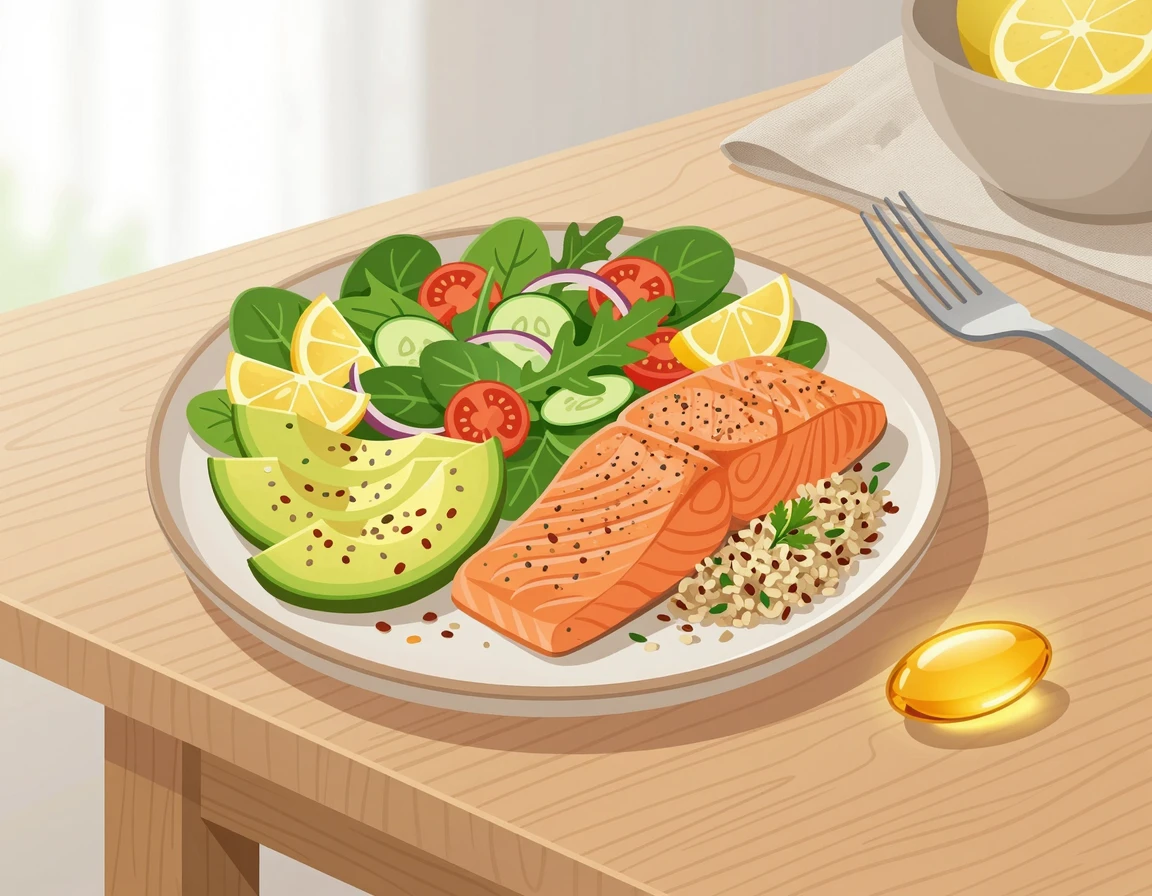 오메가3 캡슐과 건강한 식단 일러스트
