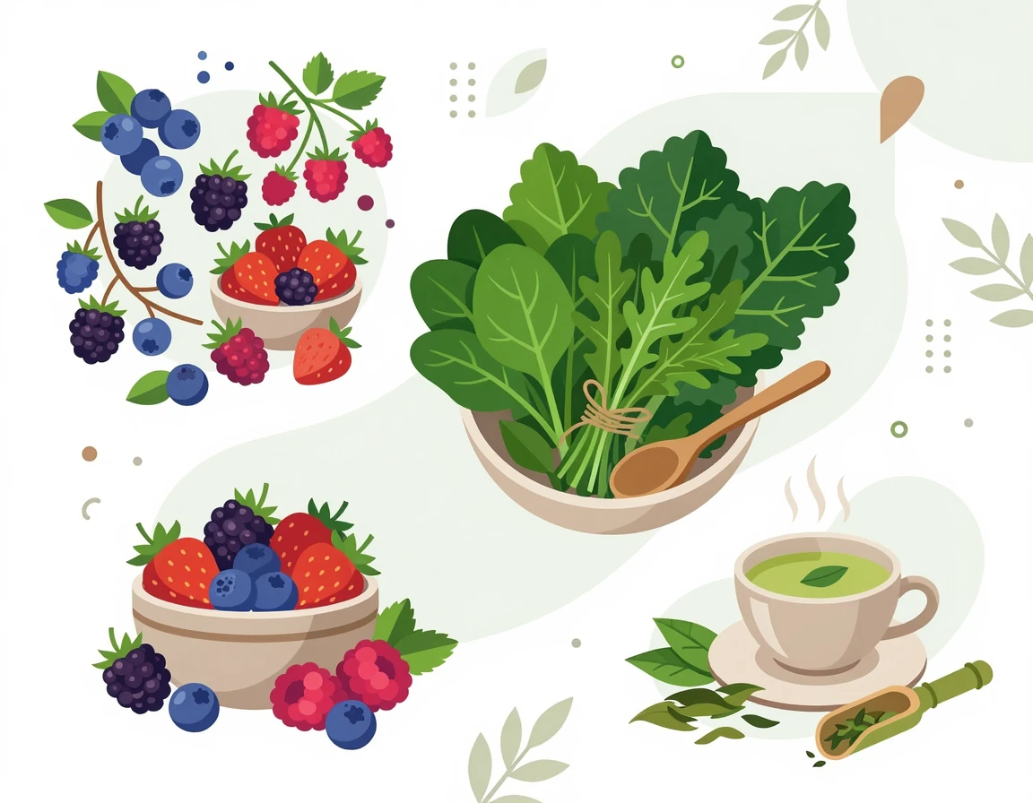 피부 탄력에 좋은 베리류, 잎채소, 녹차 일러스트