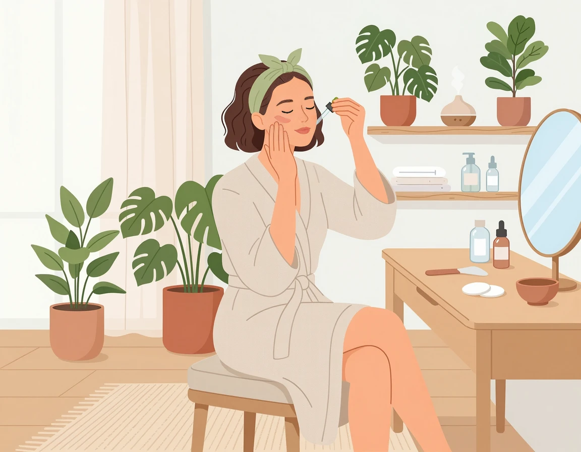 스킨케어와 마사지로 피부를 관리하는 여성 일러스트