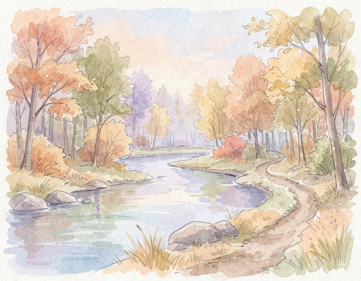 평화로운 숲속을 흐르는 잔잔한 강물