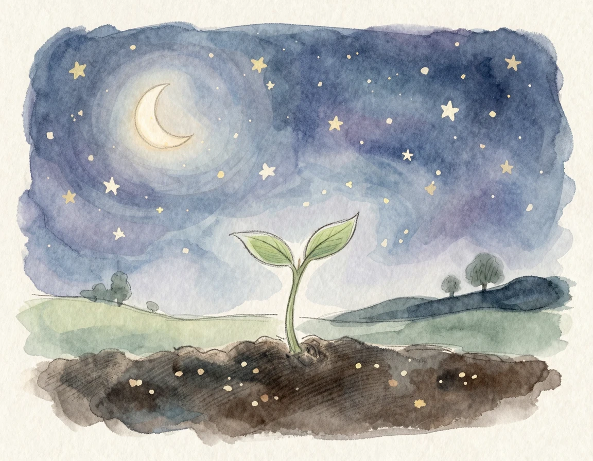 별이 빛나는 밤하늘 아래 흙에서 자라나는 작은 새싹