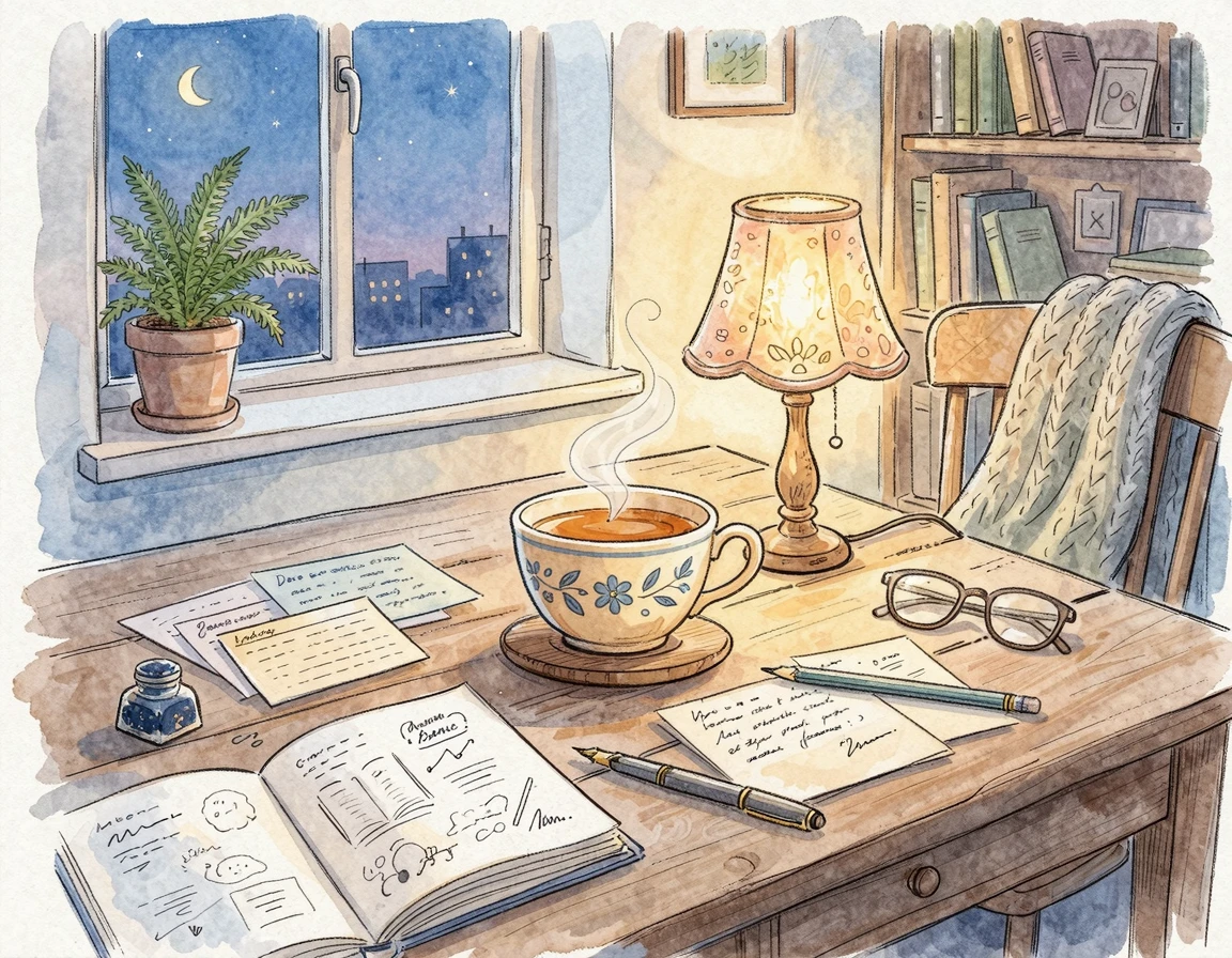 은은한 조명 아래 책상 위 따뜻한 찻잔