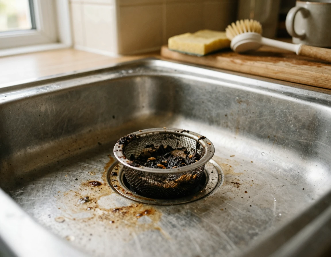 기름때와 커피 찌꺼기가 남은 싱크대 배수구 모습