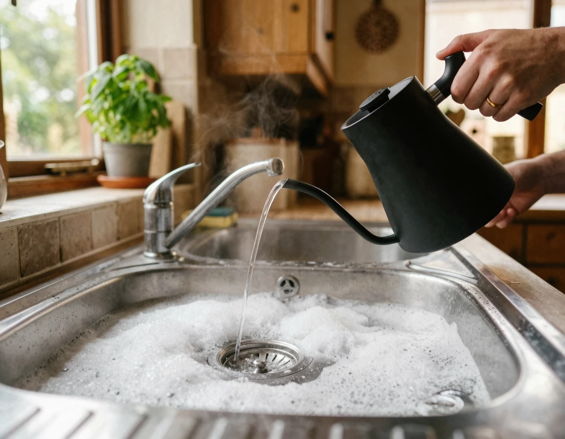 과탄산소다와 뜨거운 물로 싱크대 배수구를 청소하는 모습