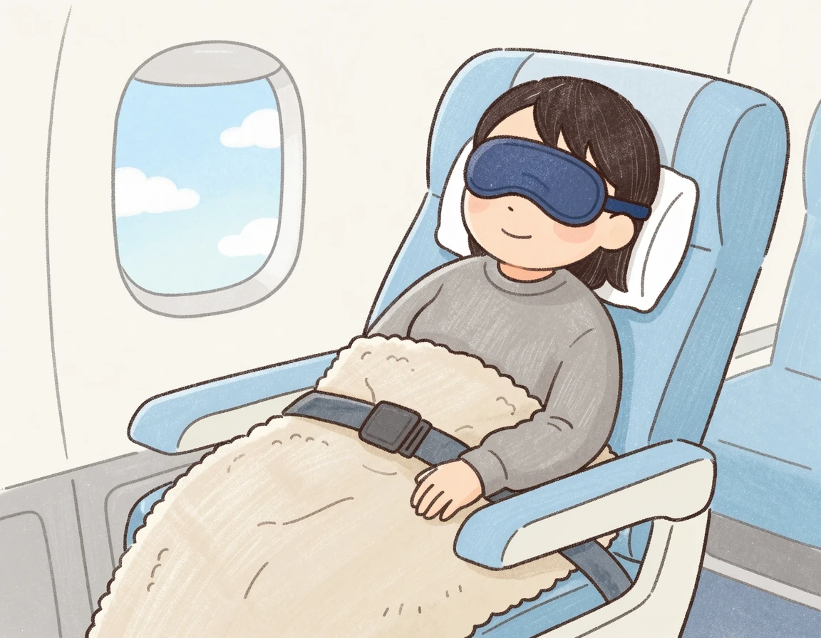 안대를 쓰고 담요 위로 안전벨트를 맨 채 숙면하는 모습