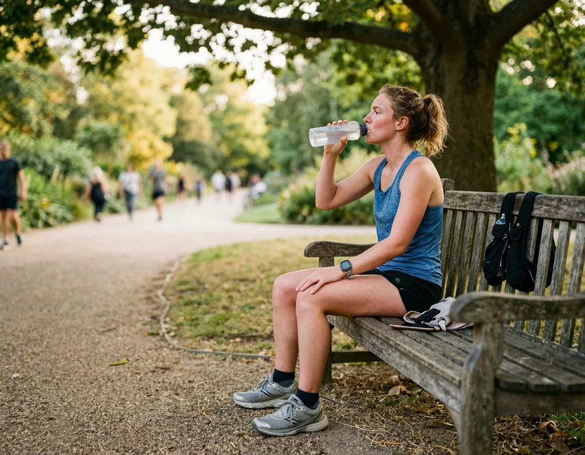 러닝 후 벤치에 앉아 물을 마시며 휴식하는 모습
