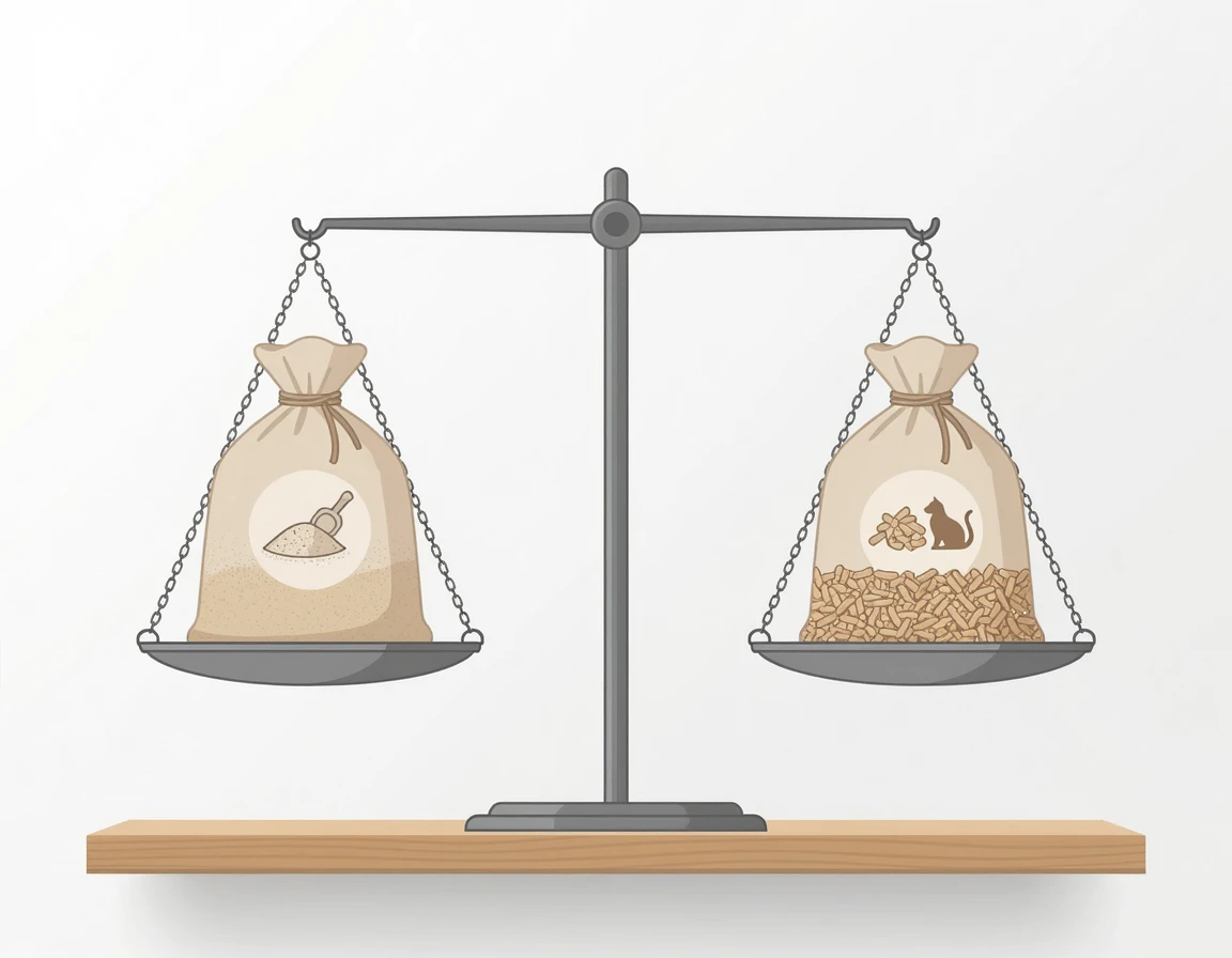 벤토나이트 모래와 두부 모래를 저울로 비교하는 일러스트