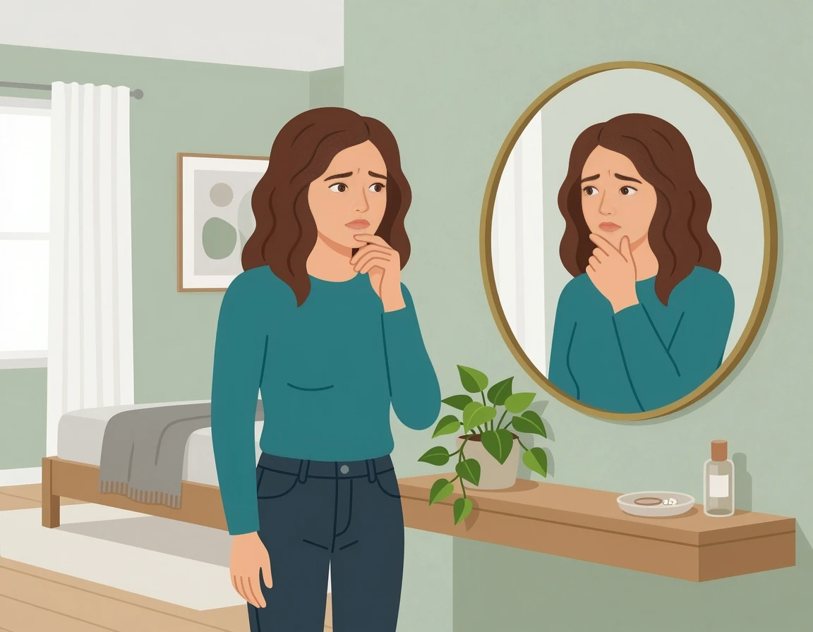거울을 보며 턱 트러블을 고민하는 여성 일러스트