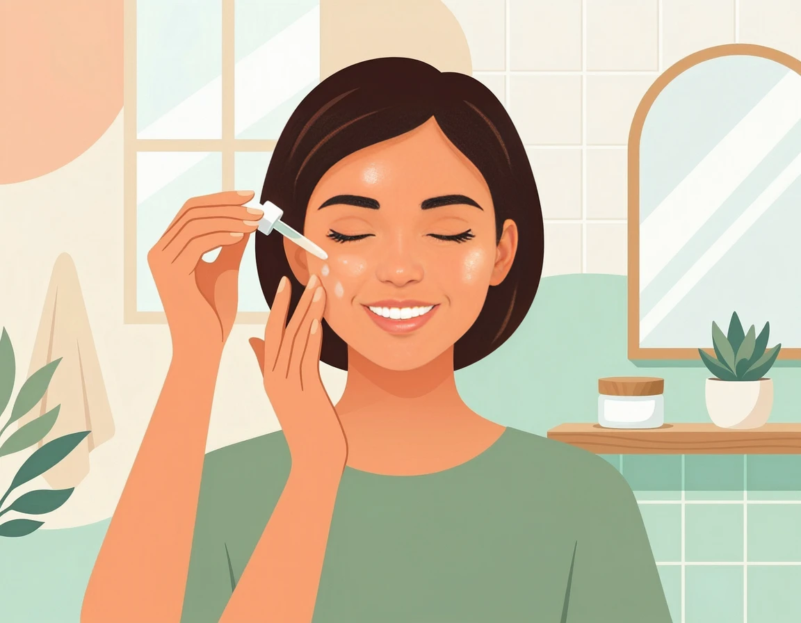 수분 앰플과 진정 크림을 바르는 스킨케어 일러스트