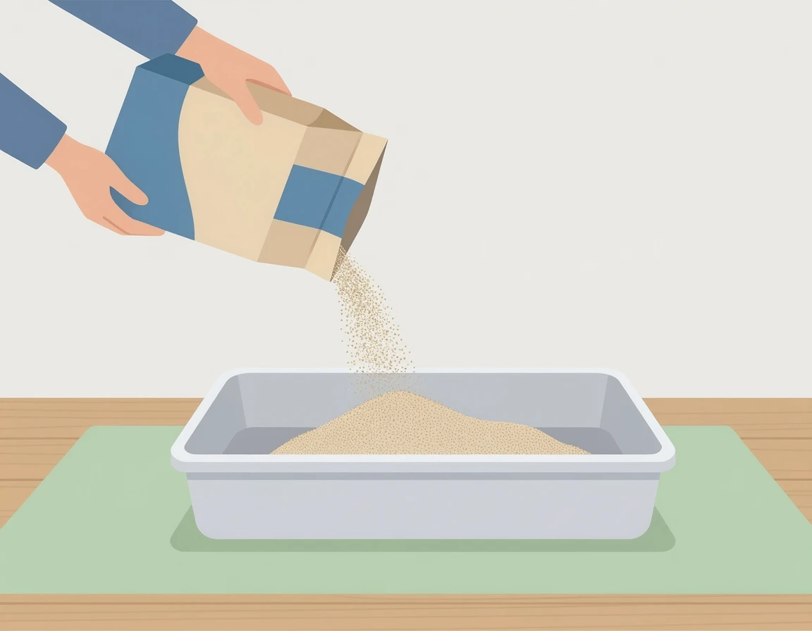 벤토나이트 모래를 화장실에 붓는 모습 일러스트