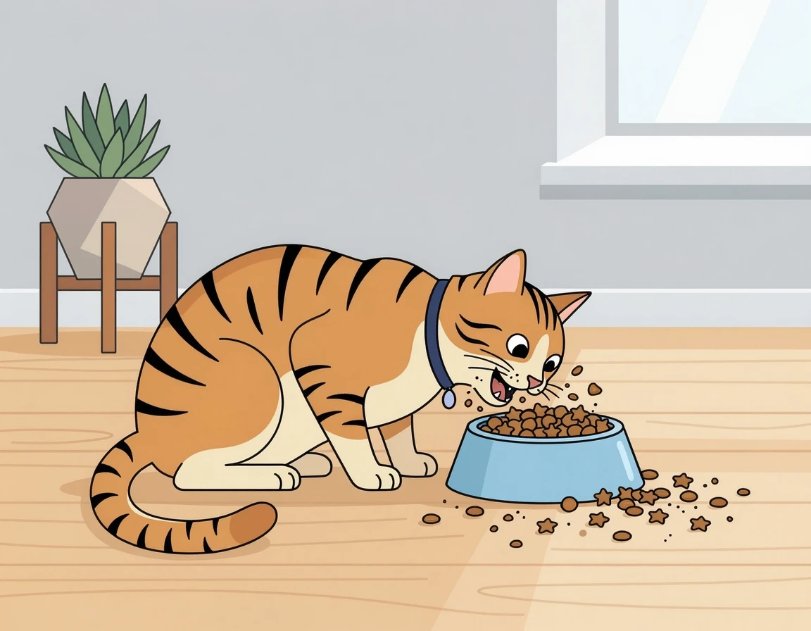 사료를 급하게 먹는 고양이 일러스트