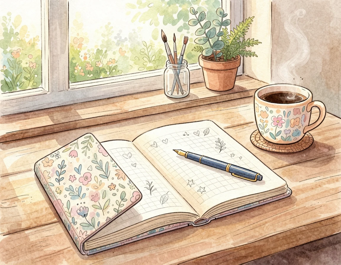 햇살이 비치는 책상 위 다이어리와 커피 한 잔