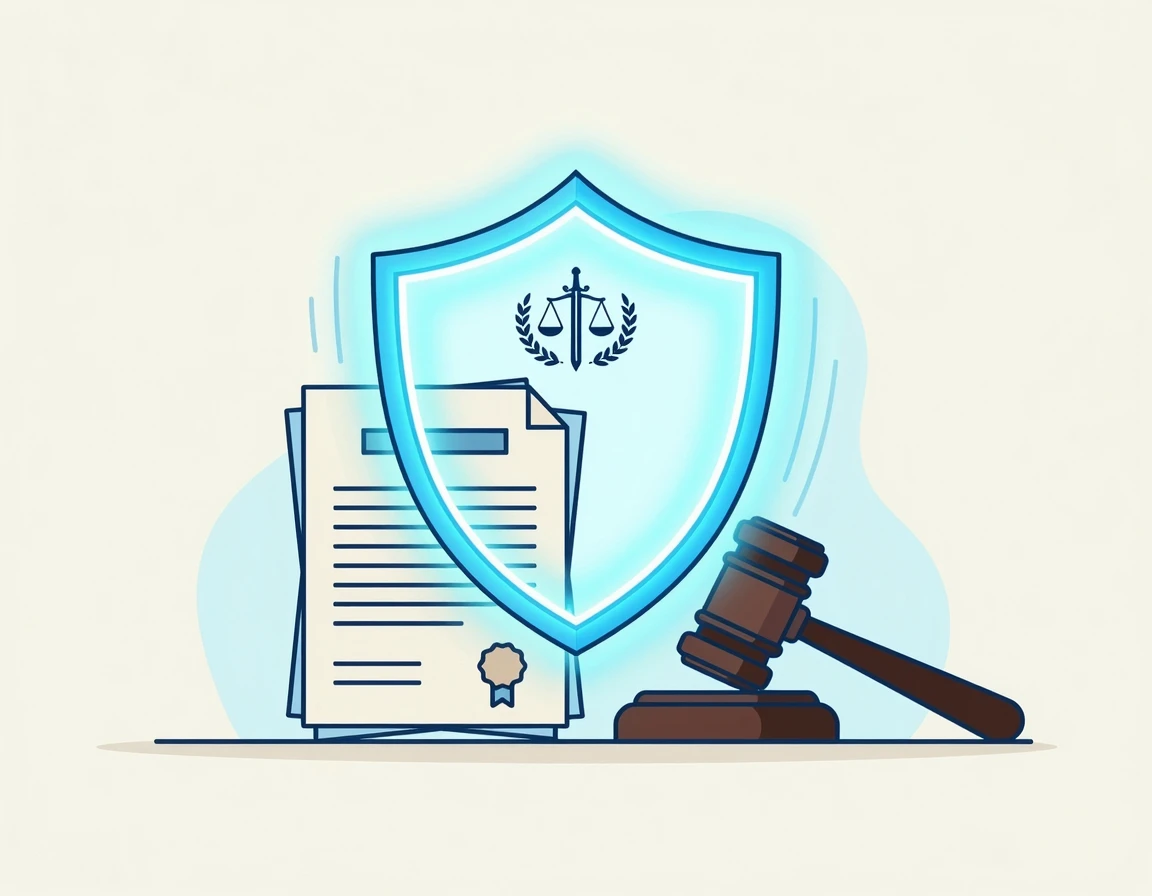법적 보호와 강제성을 상징하는 문서와 방패