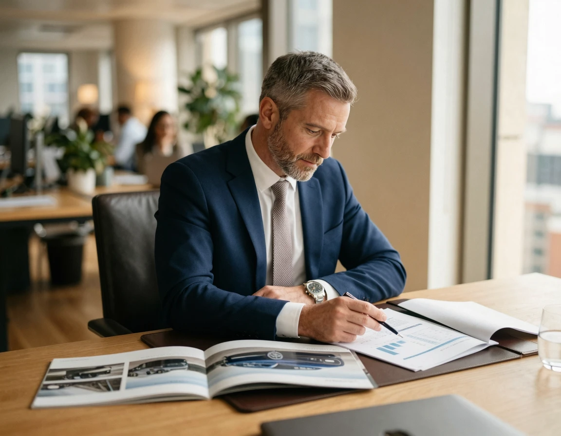 차량 견적서와 재무 서류를 검토하는 사업가