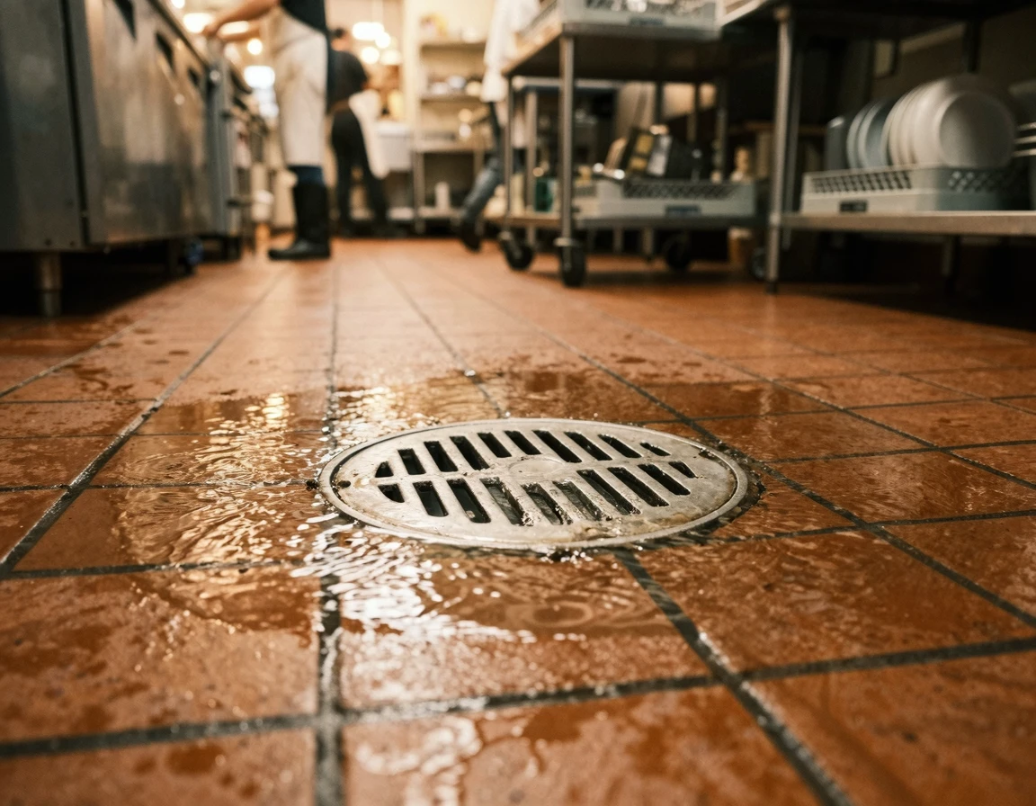 물이 천천히 빠지며 고여있는 주방 바닥 배수구