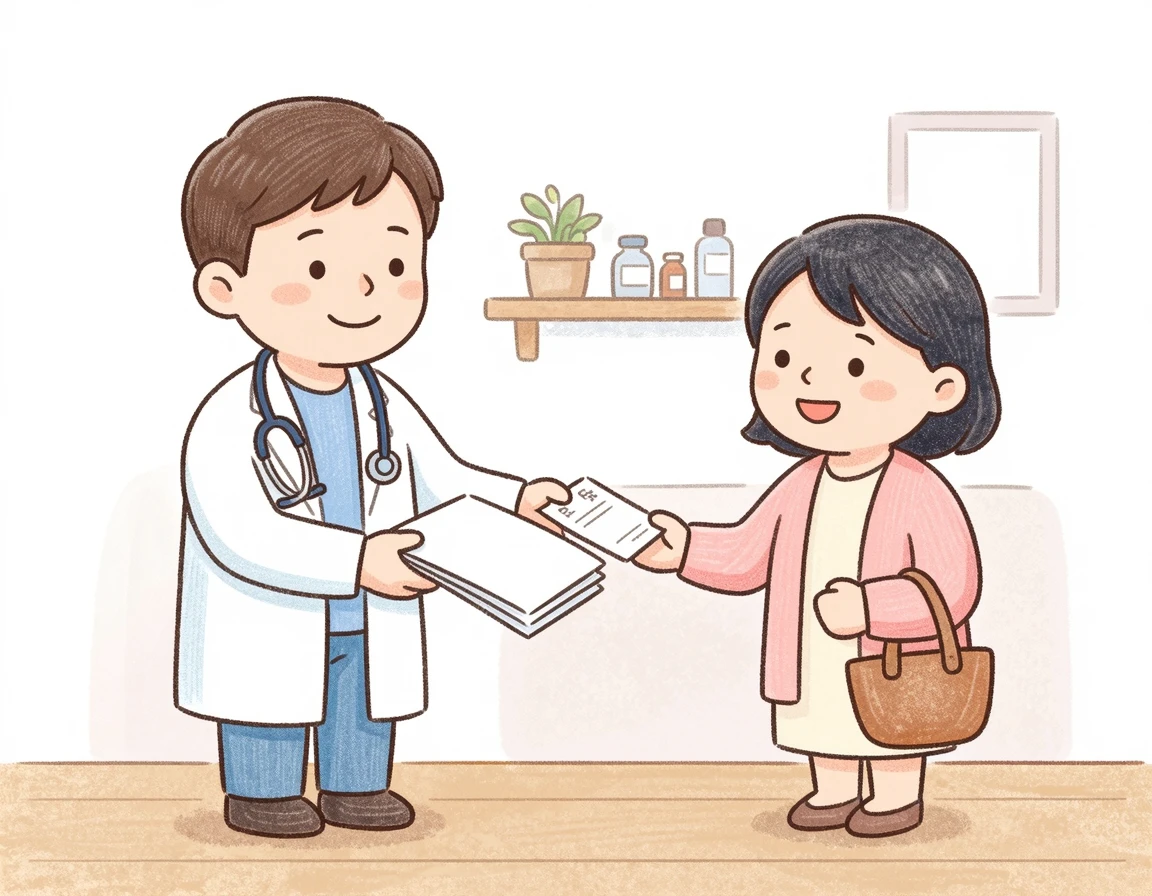 의사가 환자에게 진단서와 영수증 등 필수 서류를 건네주는 모습