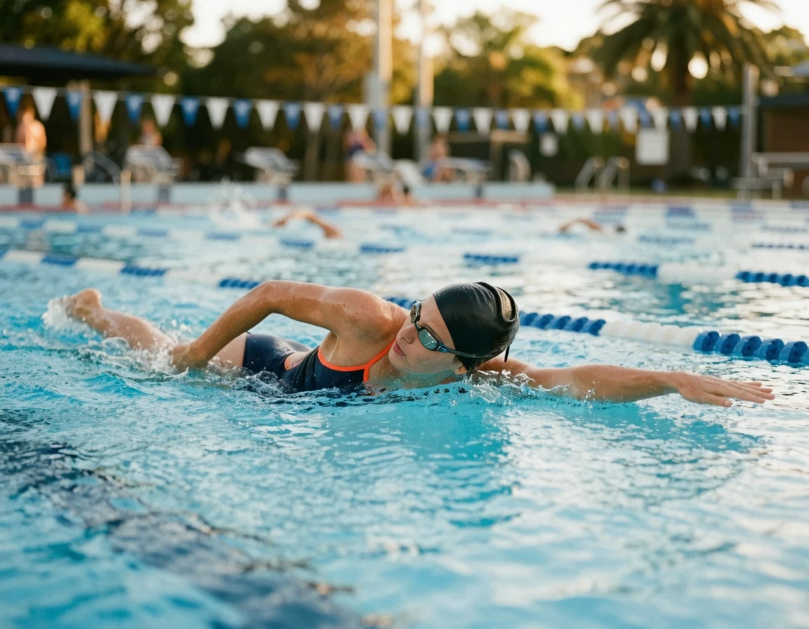 안정적인 시선 처리와 뻗은 팔로 자유형을 연습하는 모습