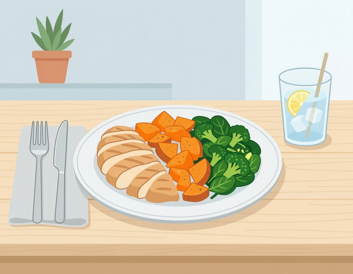 단백질과 복합 탄수화물로 구성된 운동 후 식단 일러스트