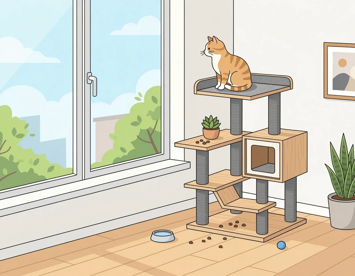 창밖을 보는 고양이와 노즈워크 간식이 세팅된 캣타워 환경