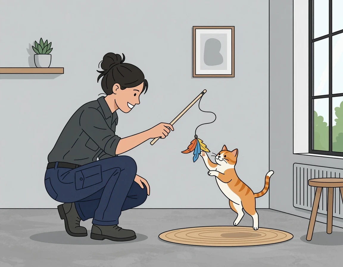 출근 전 낚싯대 장난감으로 고양이와 놀아주는 직장인