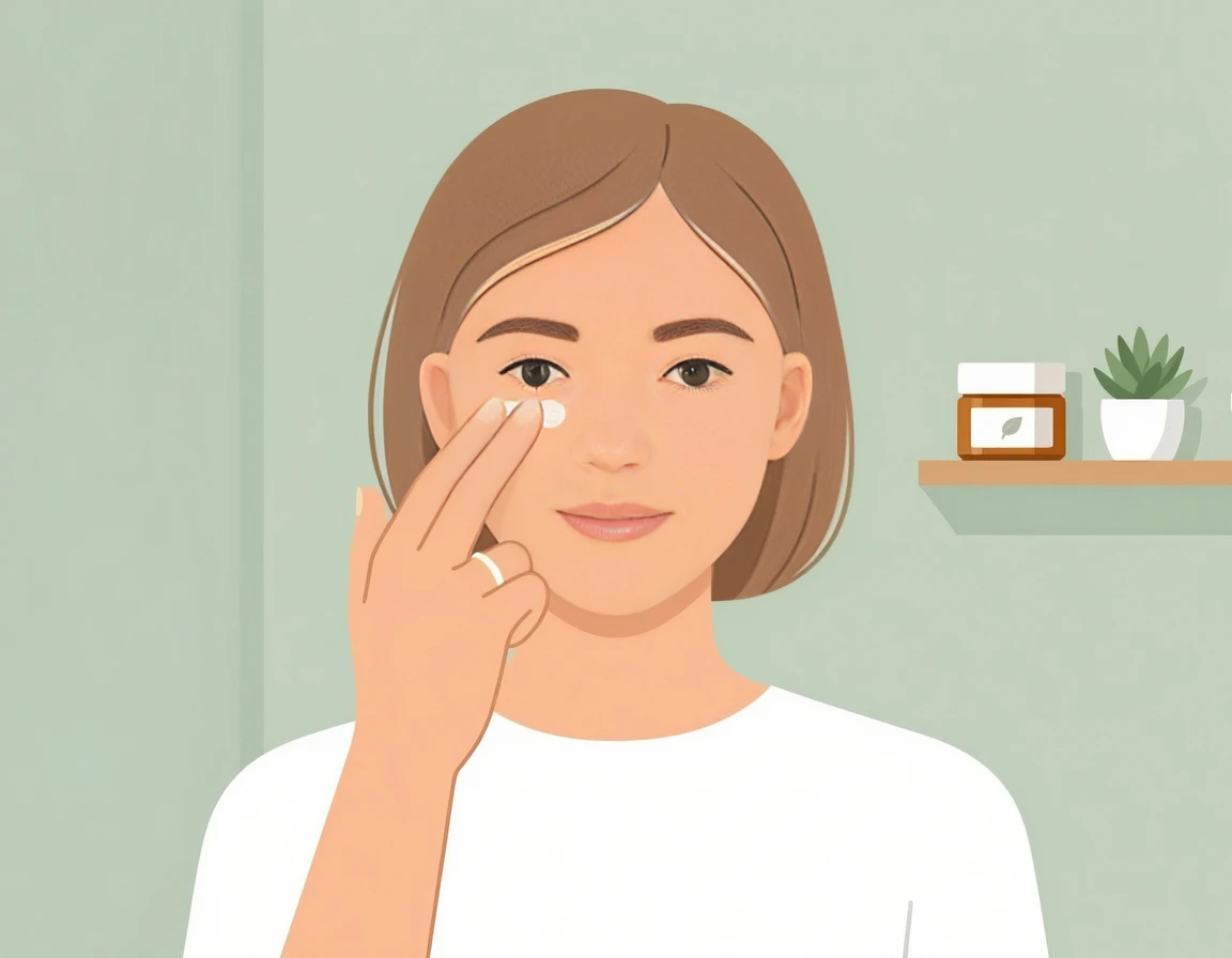 약지로 부드럽게 아이크림을 바르며 마사지하는 모습