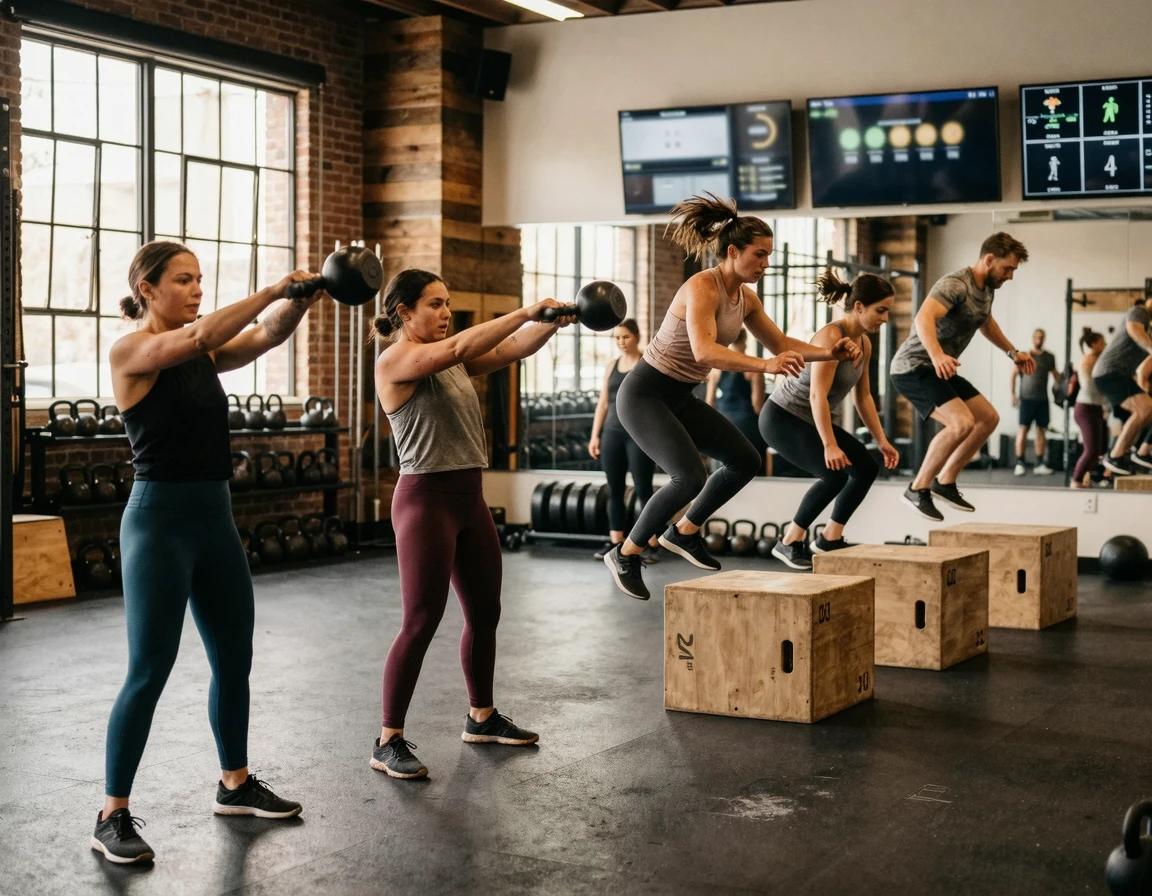 F45 스튜디오에서 그룹 운동을 하는 모습