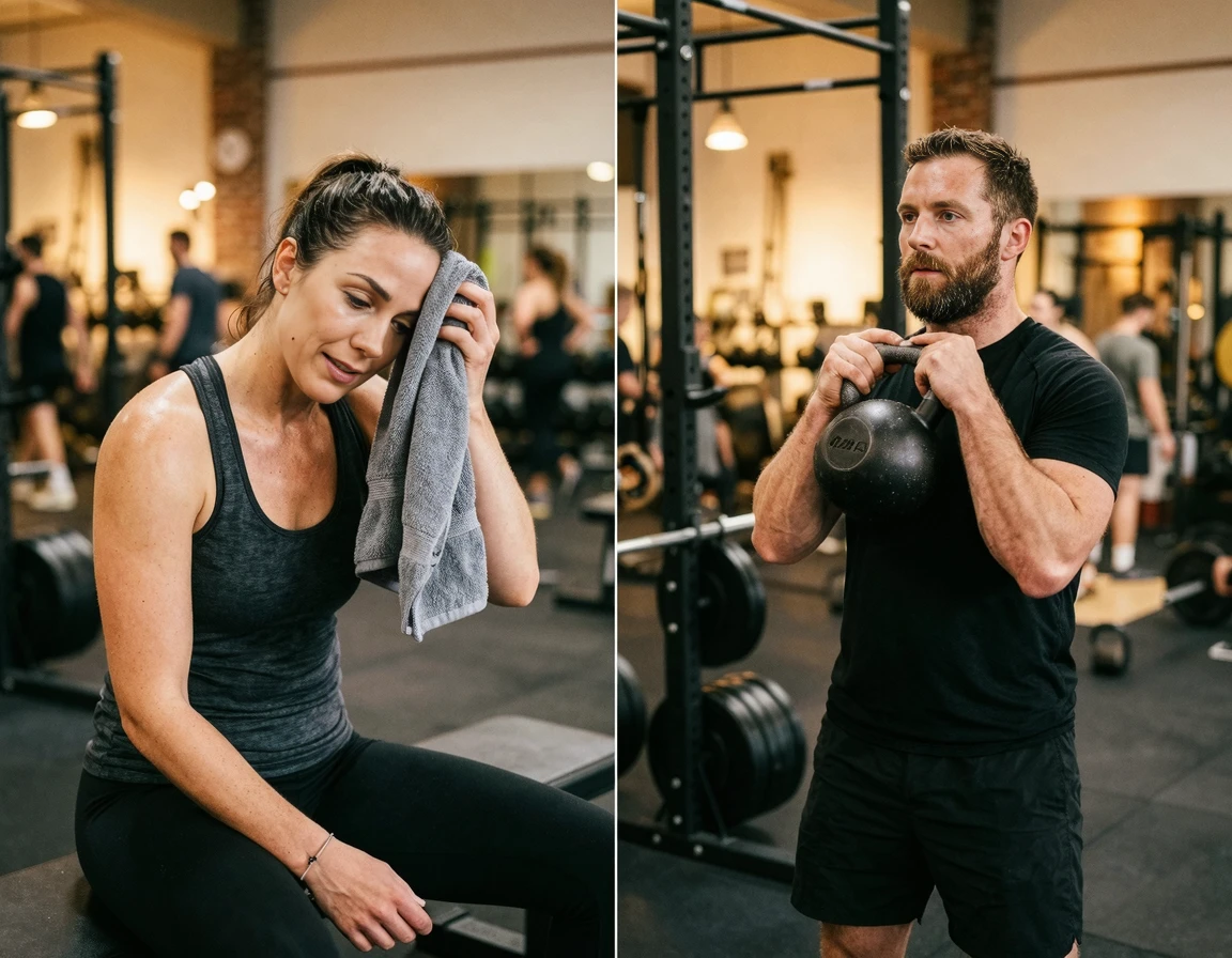 운동 후 땀을 닦는 모습과 케틀벨을 든 모습 비교