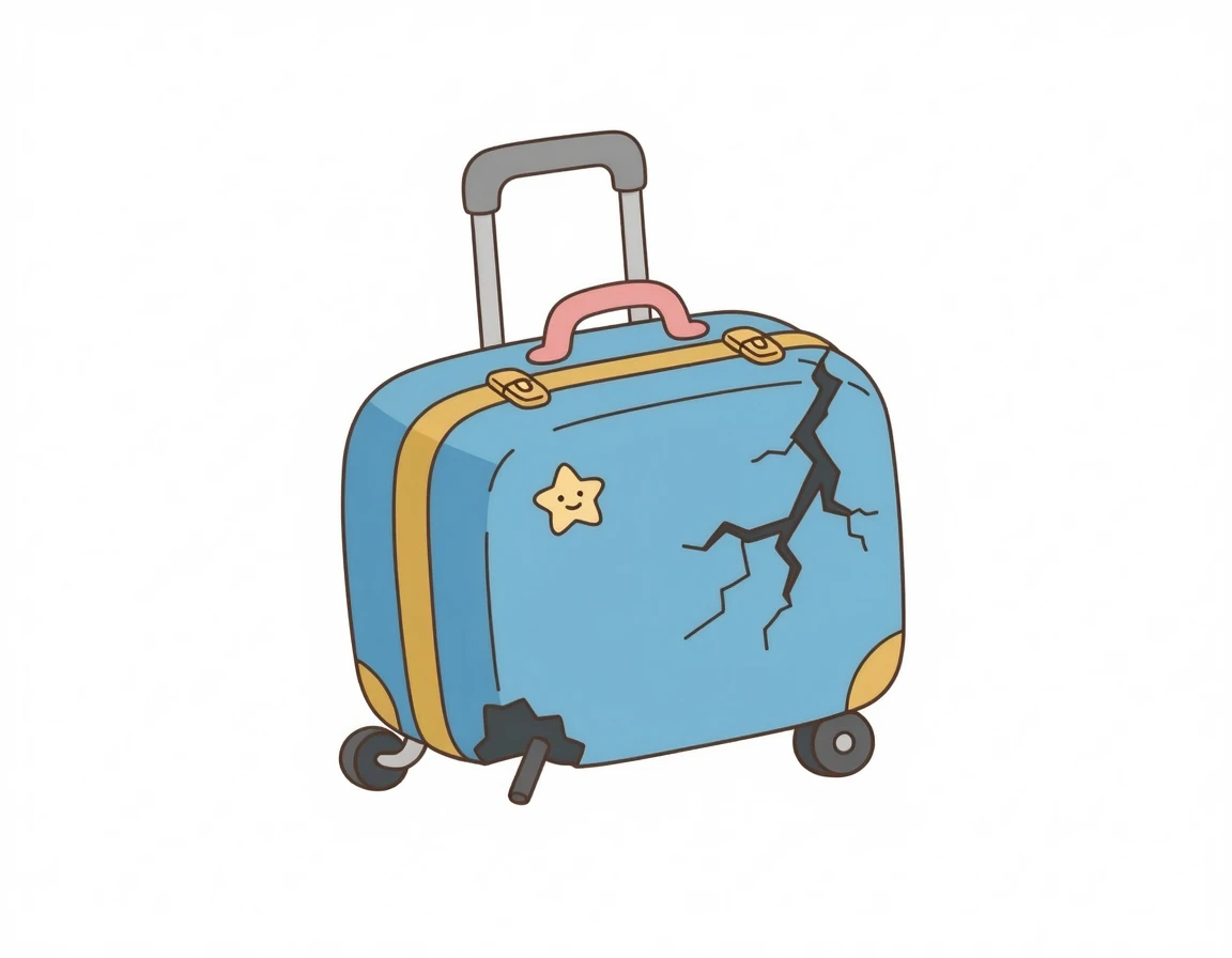 바퀴가 빠지고 금이 간 파손된 캐리어