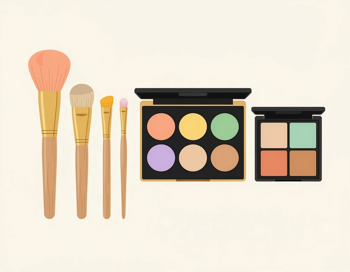 다양한 컬러의 코렉터 팔레트와 메이크업 브러쉬