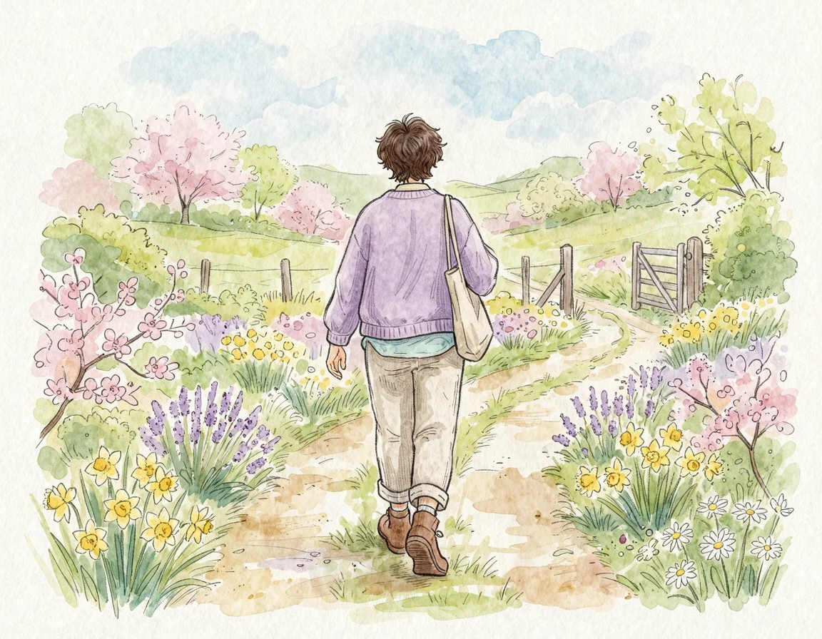 활짝 핀 봄꽃 길을 당당하게 걸어가는 사람의 뒷모습