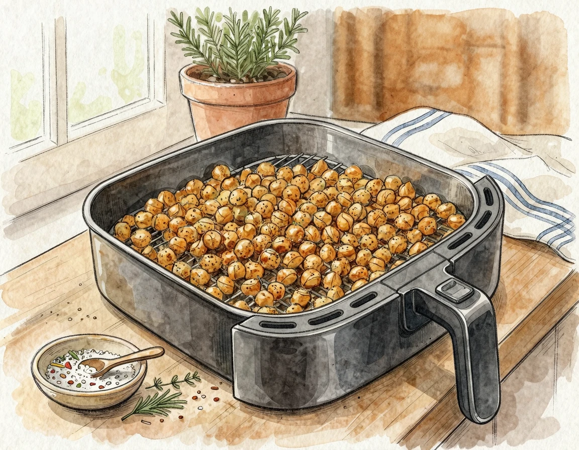 에어프라이어 바스켓에 넓게 펼쳐져 노릇하게 구워지는 병아리콩