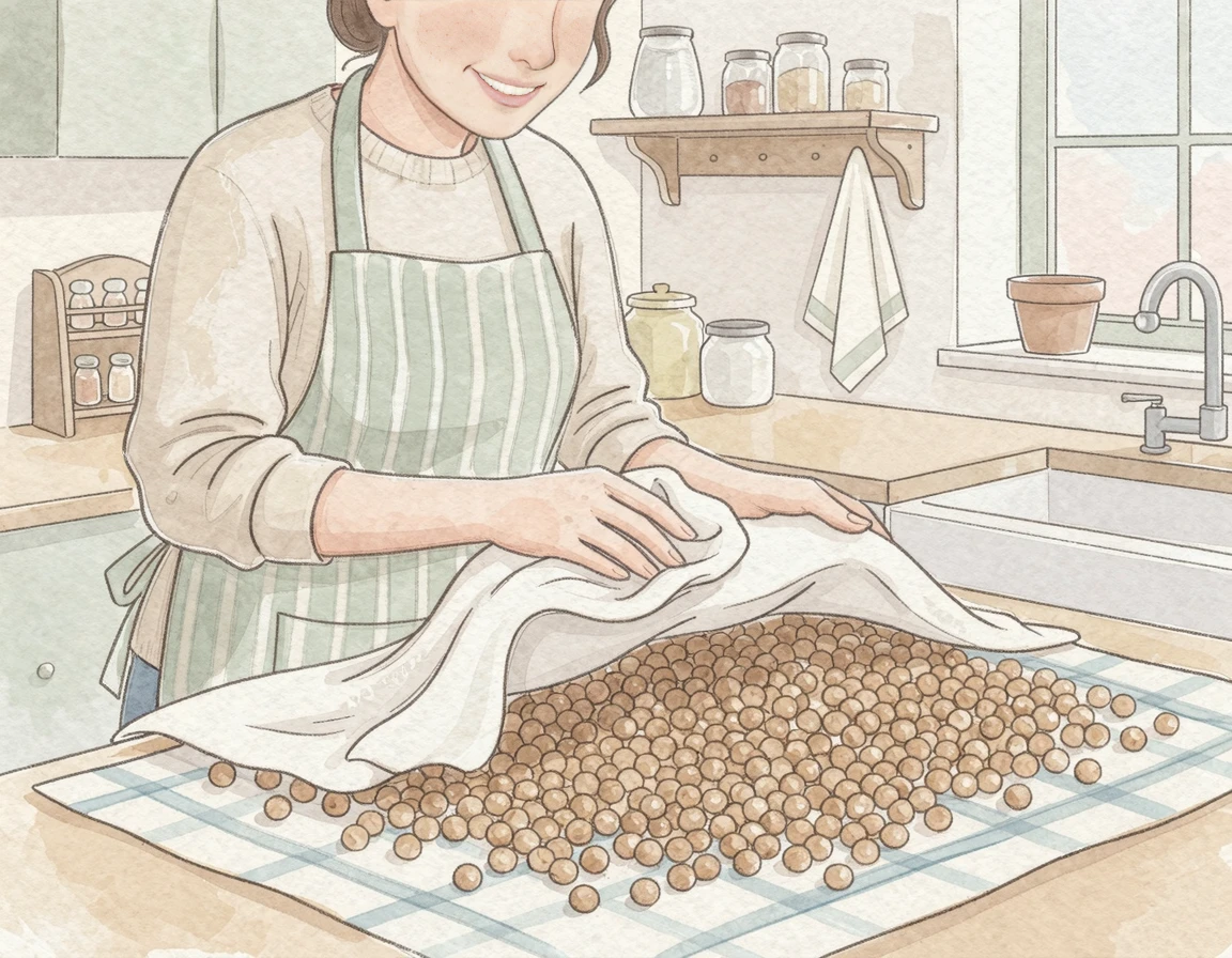 키친타월로 병아리콩의 물기를 꼼꼼하게 제거하는 모습